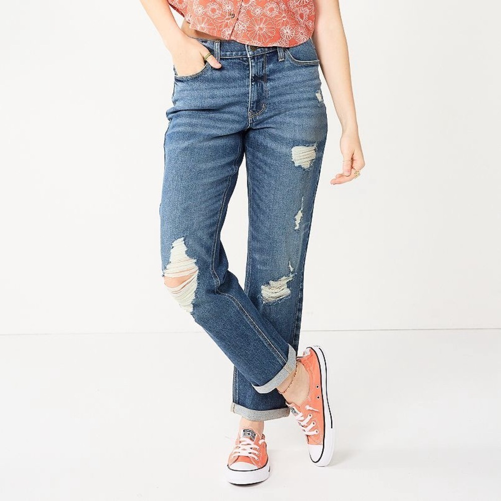 NWT SO Juniors Distressed Low Rise Boyfriend Denim Blue Jeans Size 5/27 - Picture 1 of 8